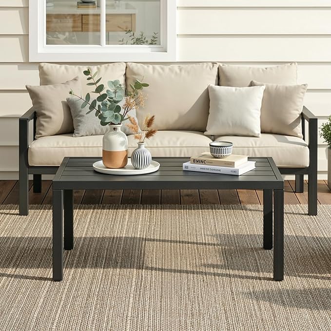 ONBRILL Outdoor Metal Coffee Table, 36 Inch Patio Black Coffee Table - Image 2