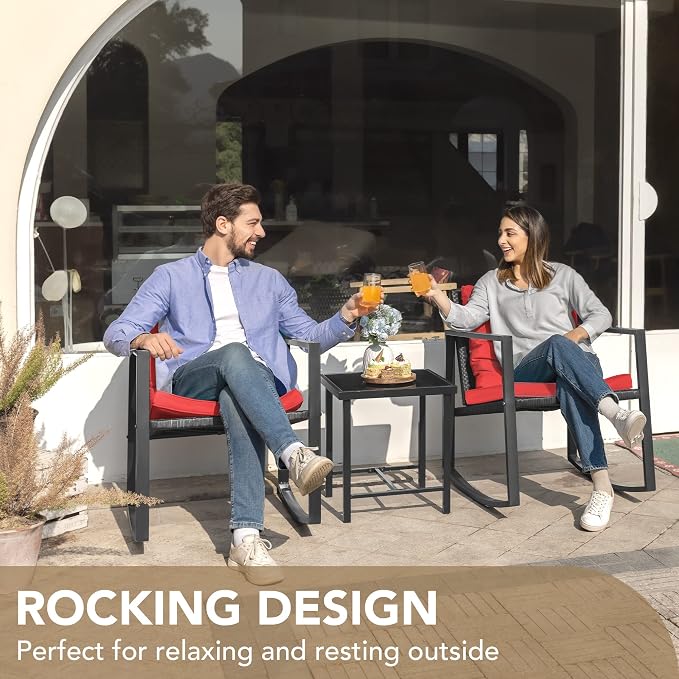 Devoko 3 Piece Rocking Bistro Set Wicker Patio Outdoor Furniture Porch Chairs - Image 6