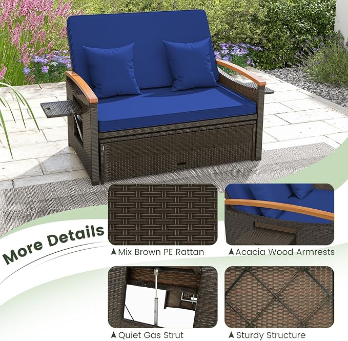 LDAILY Moccha Outdoor Wicker Daybed, Patio Rattan Loveseat Sofa w/ 4-Level - Image 8