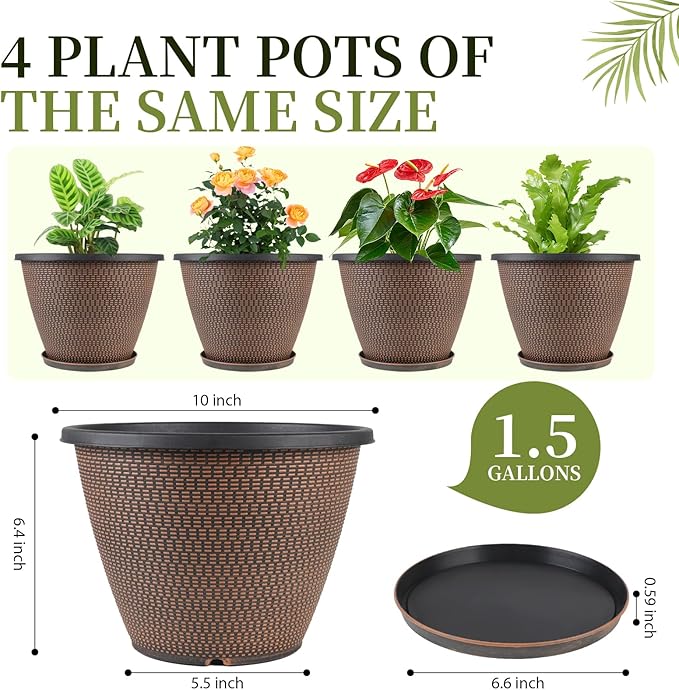 4 Pack 10 inch Plant Pot for Outdoor Indoor, Plastic Flower Pots - Image 2