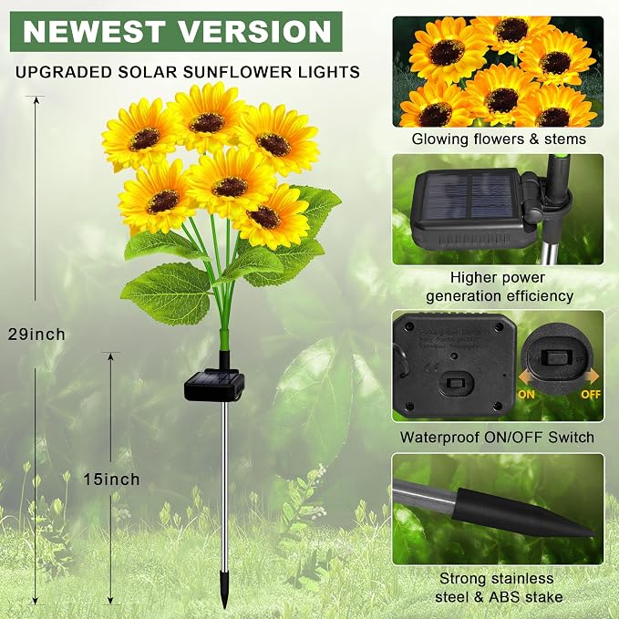 2 Pack with 12 Sunflower Solar Lights Outdoor Garden Decor, Solar Flowers - Image 5
