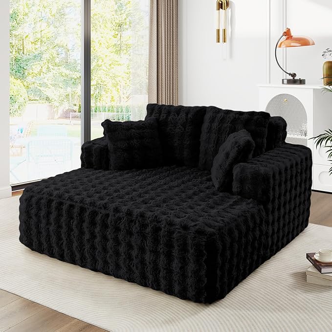 56" W Oversized Chaise Lounge Chair Indoor, Plush Faux Fur Sleeper Couch Sofa by JEEOHEY
