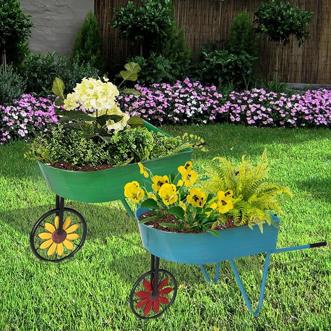 BAYN Metal Wheelbarrow Flower Cart Planter, 2 Packs Plant Stands - Image 6