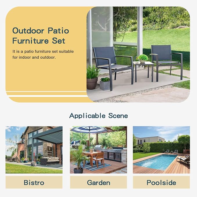 Homall 3 Pieces Patio Furniture Set Outdoor Patio Conversation Textilene Bistro - Image 3