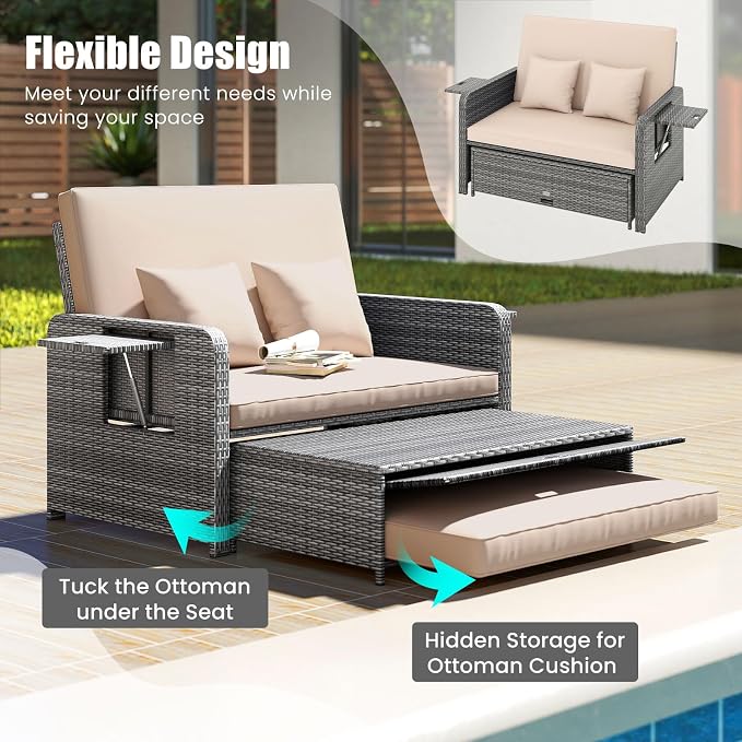 LDAILY Moccha Outdoor Daybed, Wicker Loveseat Sofa Set - Image 6
