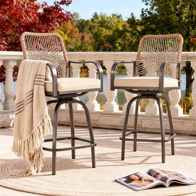 Patio Swivel Bar Stools Set of 2, Outdoor Rattan Height Bar Patio Swivel Chairs by Godappe