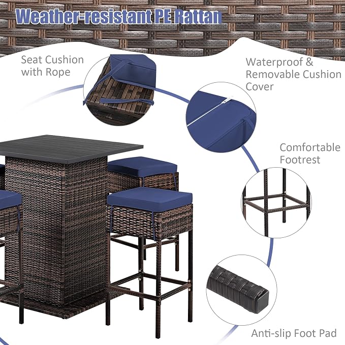 Tangkula 5 Piece Outdoor Rattan Bar Set, Patio Bar Furniture - Image 7