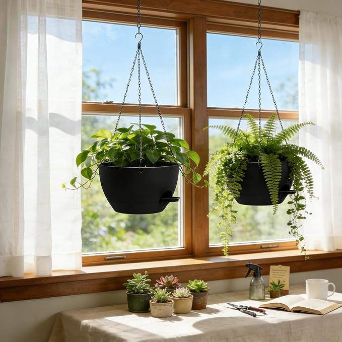 13 Inch 2 Pack Large Self Watering Hanging Planters - Image 9