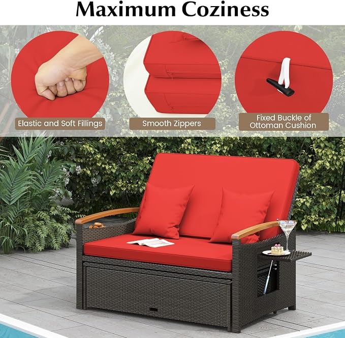 LDAILY Moccha Outdoor Wicker Daybed, Patio Rattan Loveseat Sofa w/ 4-Level - Image 7