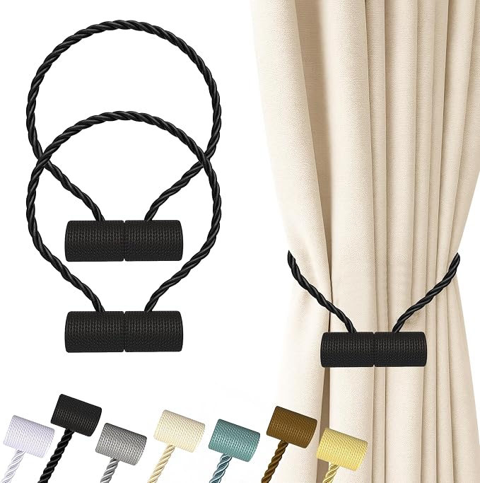 Hion Magnetic Curtain Tiebacks Black 2pcs, Curtain Tiebacks Buckles Holdbacks by Hion