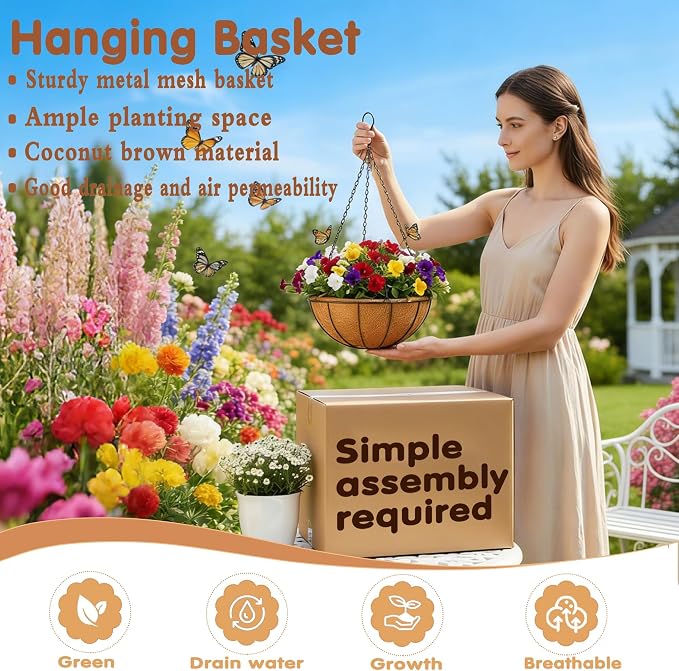 8 inch Metal Hanging Baskets For Plants Outdoor 4 Pack Round Metal Wire Hanging - Image 2