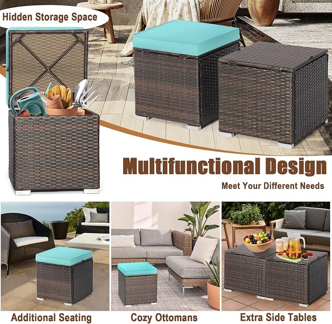 RELAX4LIFE Wicker Outdoor Storage Ottoman, 2-Piece Rattan Footstool w/Removable - Image 7