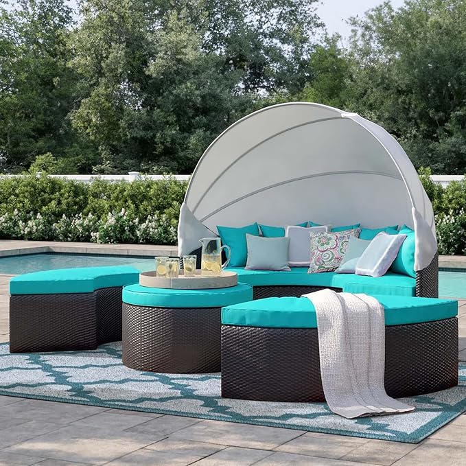 Modway Convene Wicker Rattan Outdoor Patio Retractable Canopy Round Poolside - Image 4