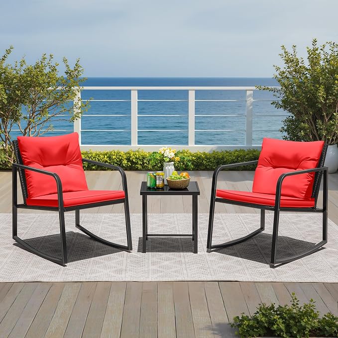 Greesum 3 Pieces Rocking Wicker Bistro Set, Patio Outdoor Furniture - Image 3