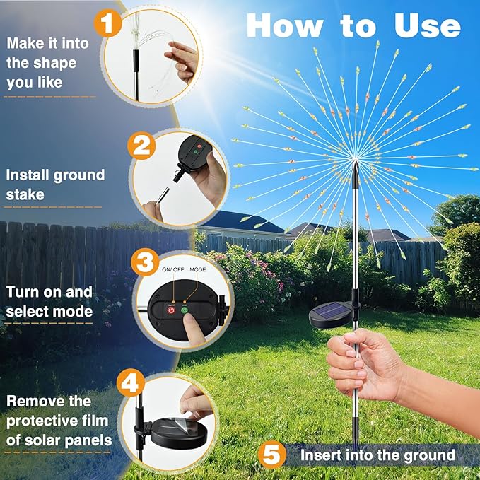 btfarm 4 Pack 120 LED Solar Garden Lights Outdoor, 8 Modes Firework Lights - Image 6