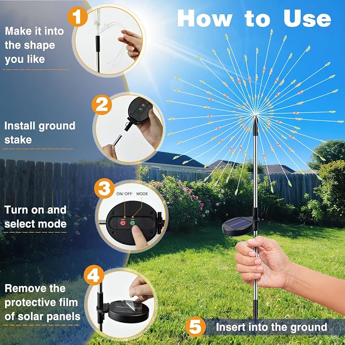 btfarm 6 Pack 120 LED Solar Garden Lights Outdoor, 8 Modes Firework Lights - Image 8