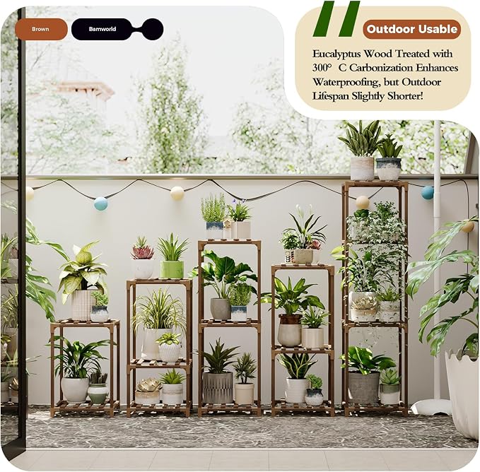 Bamworld 5 Sets Plant Stands Indoor Outdoor Combo Plant Shelves Wooden Plant - Image 4