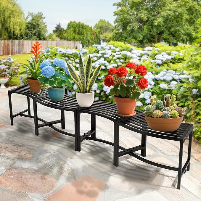 VINGLI Outdoor Metal Curved Bench, Weatherproof Fire Pit Bench Set of 4 - Image 8