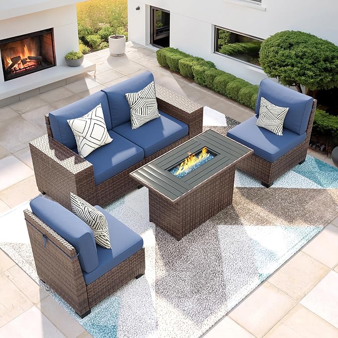 5 Piece Patio with Fire Pit Table, Wide Armrest Modular Outdoor Conversation by VonzoyHome