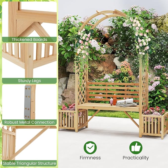 Giantex Outdoor Bench with Garden Arch & Planters, Wooden Pergola Archway - Image 5