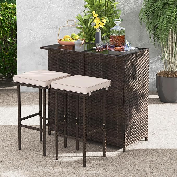 Tangkula 3 Piece Patio Bar Set, Outdoor Rattan Bar Table and 2 Stools - Image 3