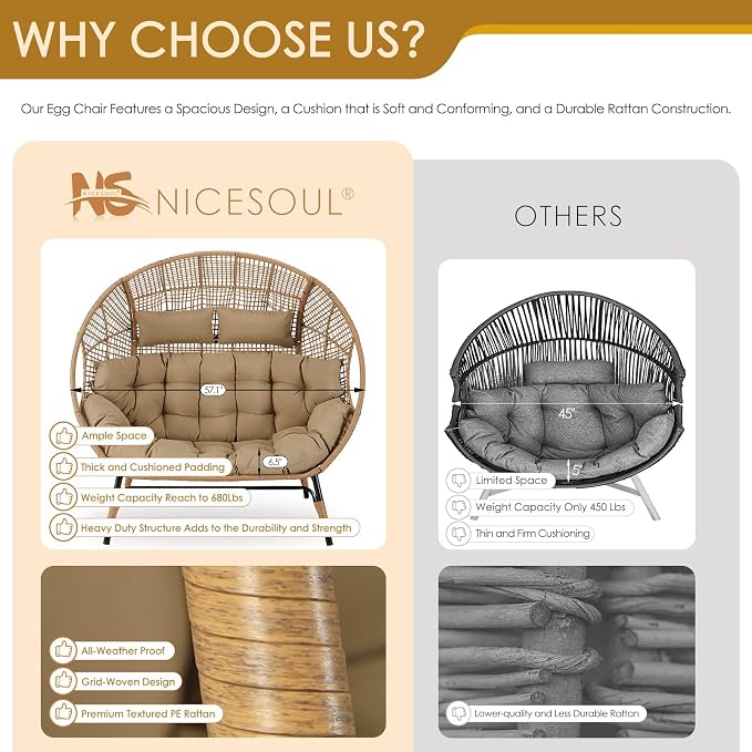 NICESOUL® Double Egg Chair Indoor Outdoor Stationary Oversized Thicken Padded - Image 9