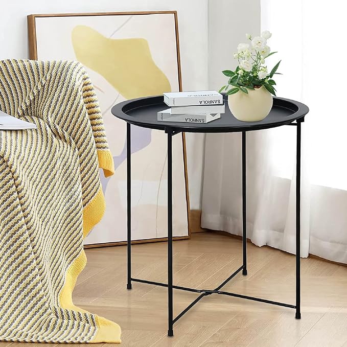 Garden 4 you End Table 2 PCS Metal Side Table Black Round Folding Tray Cyan - Image 2