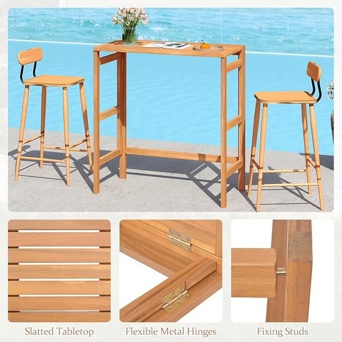 Tangkula Acacia Wood Outdoor Folding Bar Table, Patio Rectangle Counter Height - Image 8