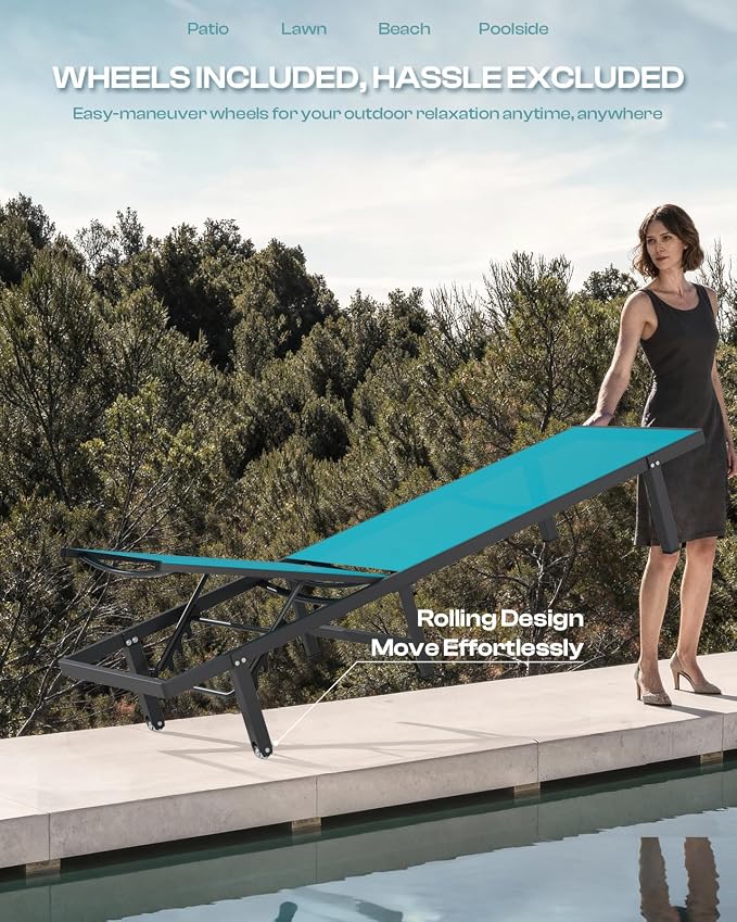 Lounge Chair Outdoor with Wheels, Aluminum Patio Chaise Lounge Chair with 5 - Image 3