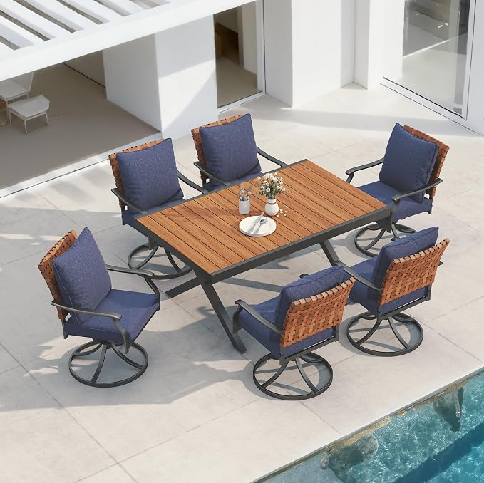 Grand patio 7-Piece Outdoor Dining Set, 6 Leather-Look Wicker Blue Swivel Patio by GrandPatio