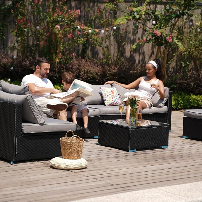 7 Piece Outdoor Patio Furniture Sets, Outdoor Wicker Conversatin Set w Glass - Image 8