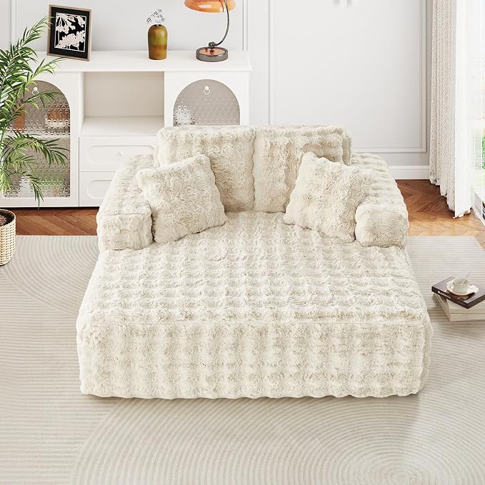 56" W Oversized Chaise Lounge Chair Indoor, Plush Faux Fur Sleeper Couch Sofa - Image 9