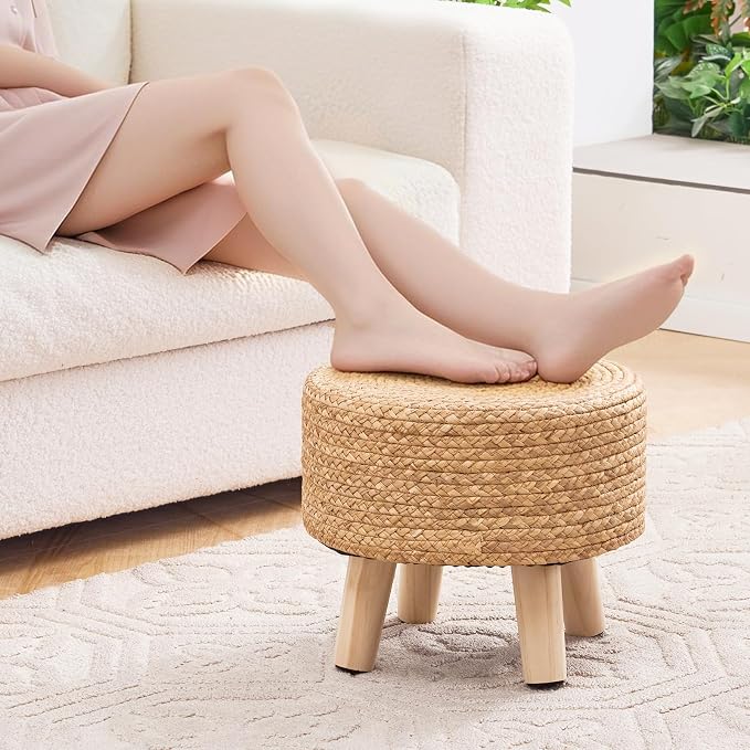 Handwoven Round Ottoman, Natural Water Hyacinth Outdoor Patio Pouf Seagrass Low - Image 7