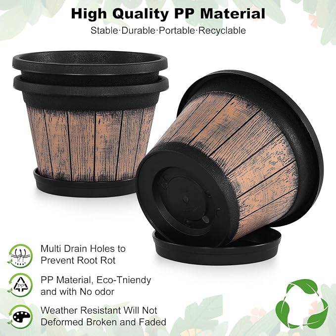 Quarut Plant Pots Set of 3 Pack 9 inch, Whiskey Barrel Planters - Image 3