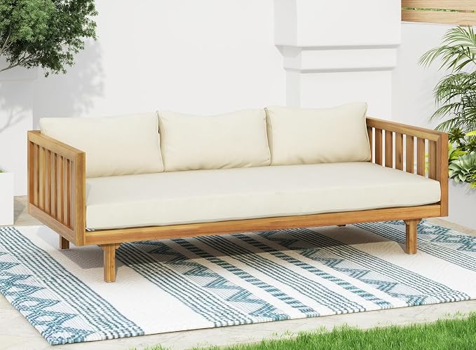 Merax Outdoor 3 Seater Daybed, Acacia Wood Day Bed Couch Sofa by Merax