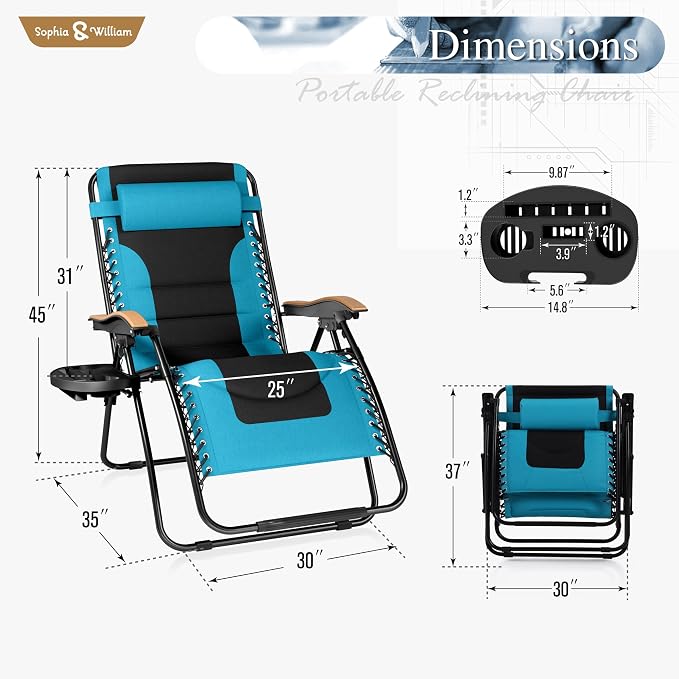 Sophia & William Oversized XXL Zero Gravity Chair Set of 2 Padded Adjustable - Image 3