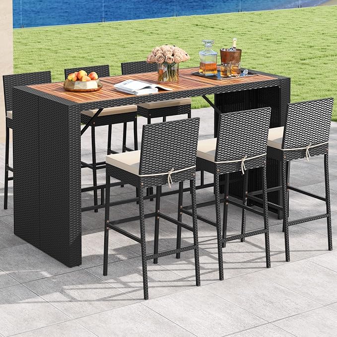 Tangkula 7 Piece Patio Wicker Bar Set, Patiojoy Outdoor Acacia Wood Bar Height - Image 4