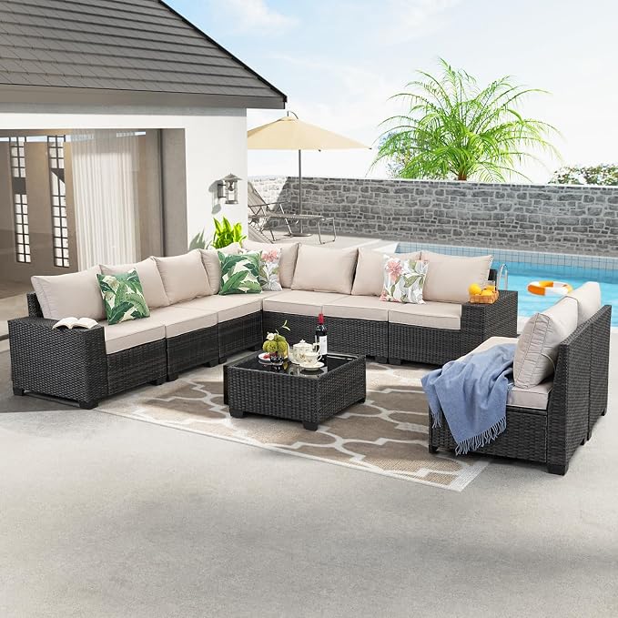 10 Pieces Patio Furniture Set All-Weather Outdoor Wicker Sectional Conversation - Image 7