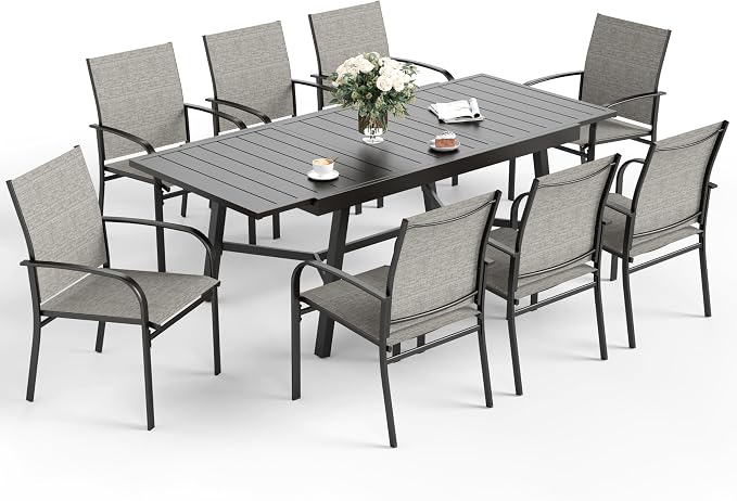 9 Piece Patio Dining Set for 8, Rectangular Extendable Dining Table, 8 Metal - Image 8