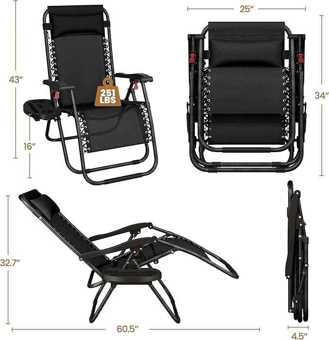 Yaheetech 26" Zero Gravity Recliners Outdoor Adjustable Folding Reclining - Image 3