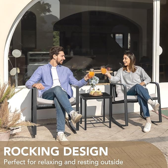 Devoko 3 Piece Rocking Bistro Set Wicker Patio Outdoor Furniture Porch Chairs - Image 2