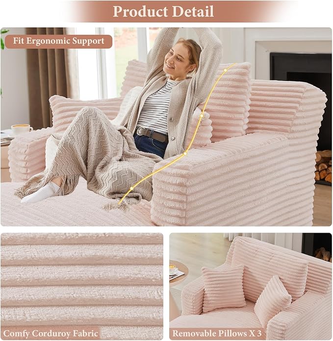 65.4" Chaise Lounge Chair Indoor, Oversized Boneless Couch Comfy Upholstered - Image 5