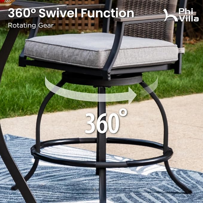 PHI VILLA Outdoor Swivel Bar Stools Set of 4, Rattan Backrest and Wood-Like - Image 4
