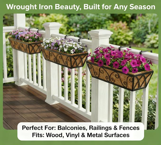 Y&M 24 Inch Window Deck with Coco Liner, Fence Metal Hanging Flower Planter - Image 2