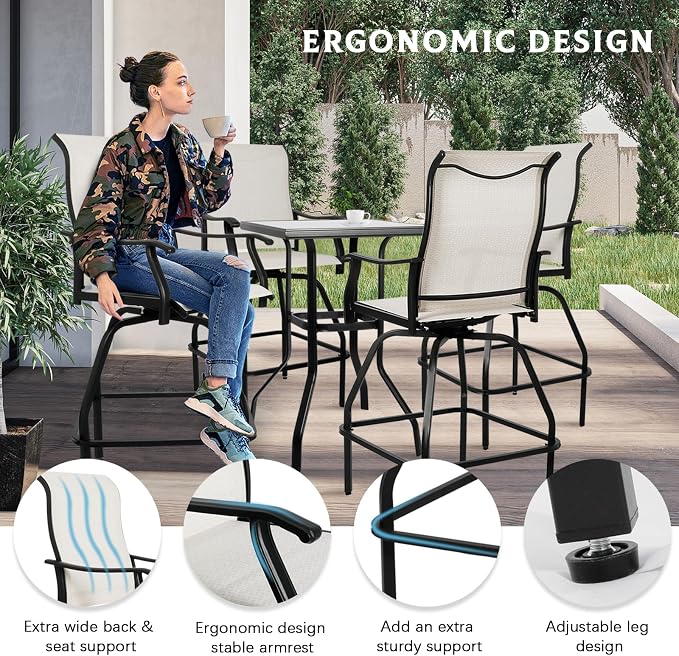 LEVELEVE Patio Bar Set 5pcs Swivel Bar Stools Outdoor Bistro Textilene - Image 4