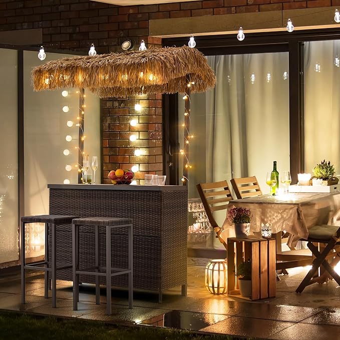 HOMREST Outdoor Tiki Bar Set, 3 Pieces Wicker Patio Bar Set w/2 Height Stools - Image 6