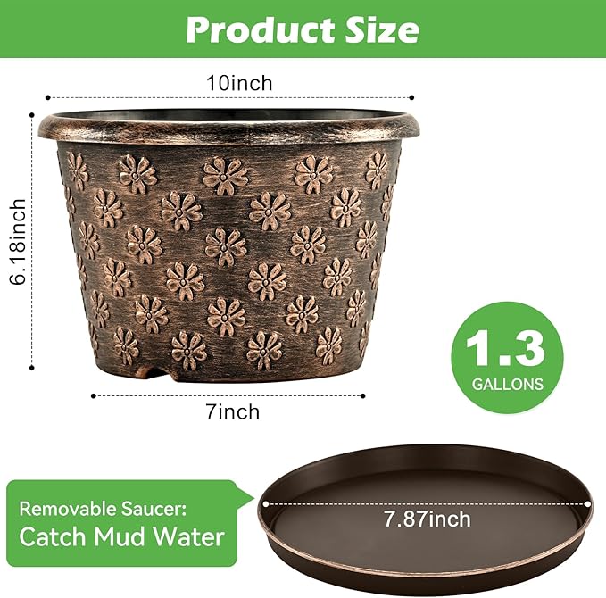 10 Inch Planter Pots for Plants, 4 Pack Plastic Large Flower Pots Indoor Outdoor - Image 3