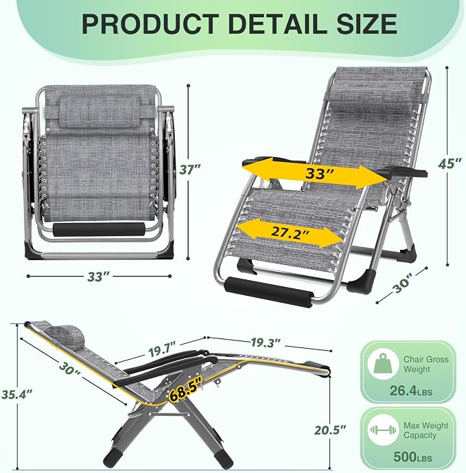 Suteck Oversized Zero Gravity Chair, 33In XXL Lounge Chair w/Removable - Image 2