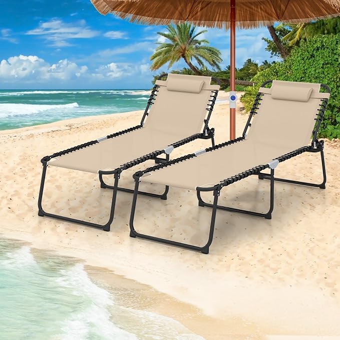GYMAX Lounge Chair for Outside, 440lbs 27” Oversize Folding Beach Tanning - Image 2