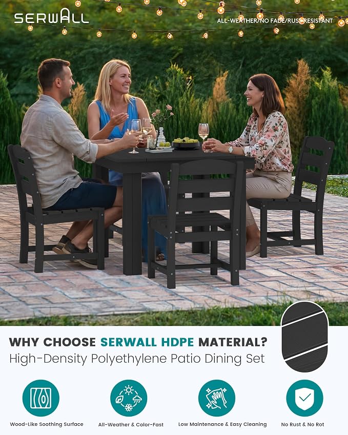 SERWALL Outdoor Dining Set for 4, HDPE Square Table and Chairs Set All Weather - Image 4
